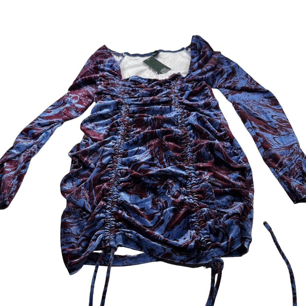 Wild Fable Womens Sz Lg Dress Mini Bodycon Velvet Ruched Blue Purple Marbled New